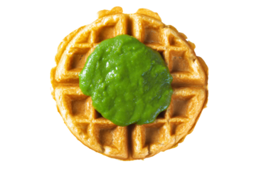 a waffle with a green sauce on top