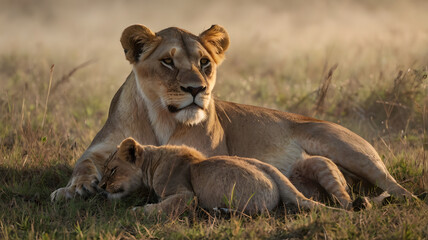Obraz premium Lioness lying down in the grass with her cub, looking alert in the early morning light.