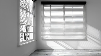 Obraz premium An empty room features two windows with white blinds casting light patterns on the walls and wood floors
