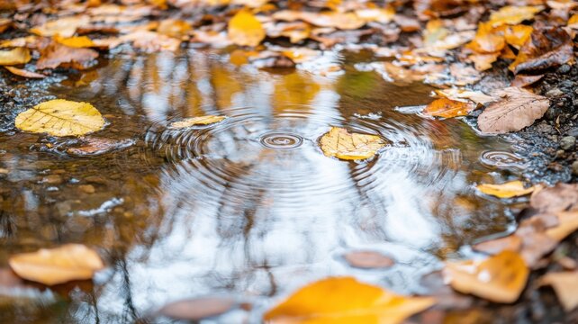 Reflective autumn puddle beneath forest trees with golden leaves and bare branches mirrored in the still surface
