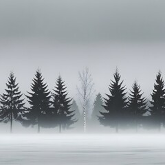Fototapeta premium Misty forest landscape: The tranquil scene unveils a mystical, cold forest veiled in a blanket of mist. Capture the harmony of nature.