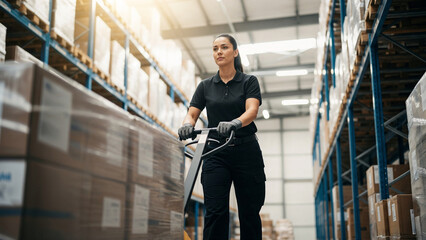 Female warehouse worker pushing a pallet jack moving boxes, logistic employee operating in storage facility, supply chain and distribution operations productivity concept