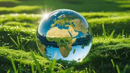 Clear glass globe resting on fresh green grass in morning sunlight, symbolizing environmental responsibility and global care  
