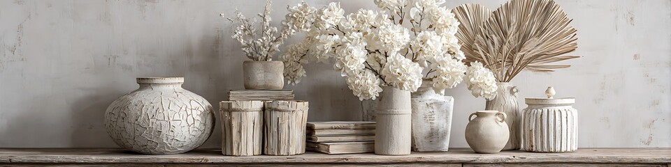 Soft ivory tones with weathered walls and neutral decor objects arranged simply