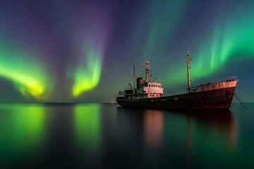 ship in the night with aurora borealis