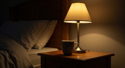 Warm nightstand lamp illuminates mug beside bed, beckoning restful sleep