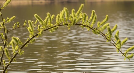 Willow Branch Over Calm Waters with Green Catkins in Soft Light