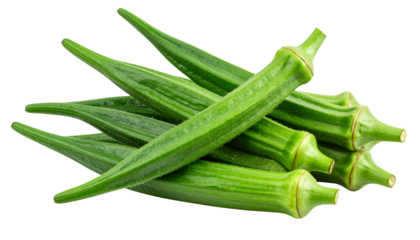 Fresh okra (green roselle) pods with vibrant green color, ridged texture, realistically rendered and fully isolated on a transparent PNG background 