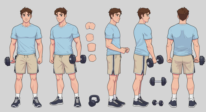 Anime style character sheet of a fit young man in workout clothes, showing multiple views and gym equipment.