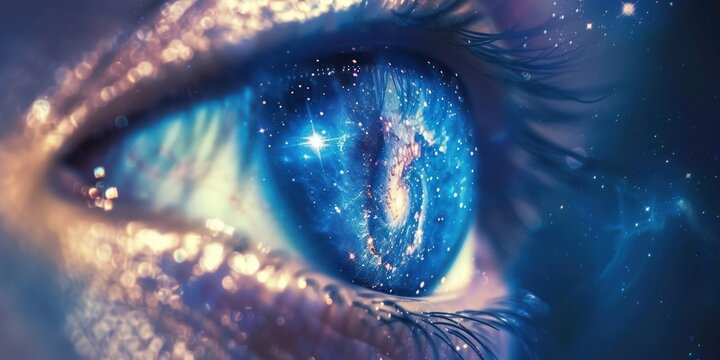 Bright blue eye with a swirling galaxy of stars and nebulae reflected futuristic mind vision look for stars.