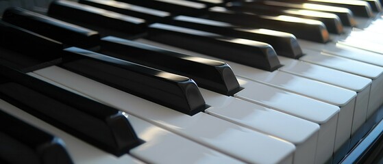 Close up shot piano keys with alternating black and white keys, reflecting light and showcasing the elegance instrument.