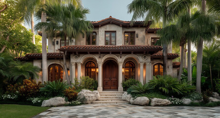 Grand Mediterranean Style Villa With Palm Trees Stone Path And Rich Landscaping In Lush Setting