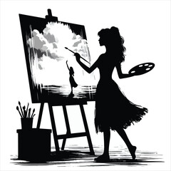 Silhouette woman artist painting at a cafe table with a drink, illustrating a lifestyle moment