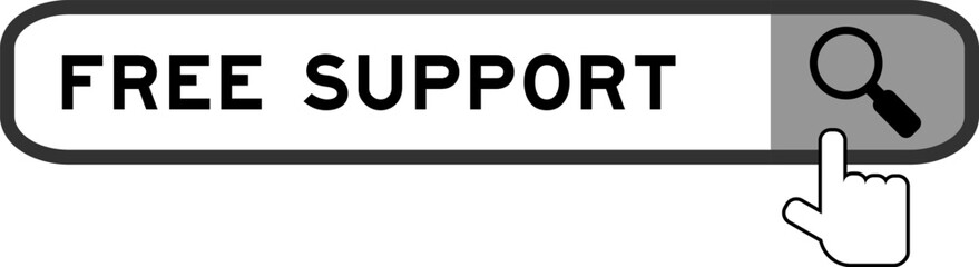 Search banner in word free support with hand over magnifier icon on white background
