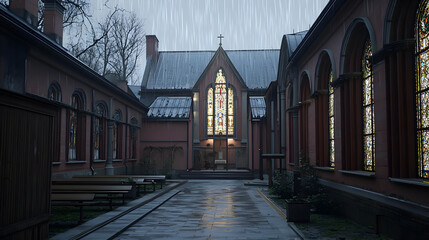 Rainy day scene in a historic courtyard church.?Exterior view of a?church with?stained glass windows and?stone buildings in a?courtyard.?Wooden benches are along the walls.?Rain falls heavily