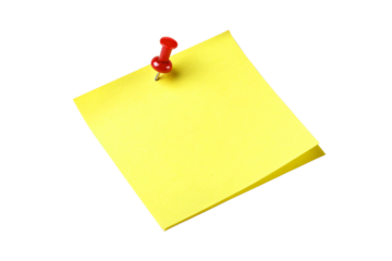 yellow sticky post it note with red pushpin isolated, transparent background