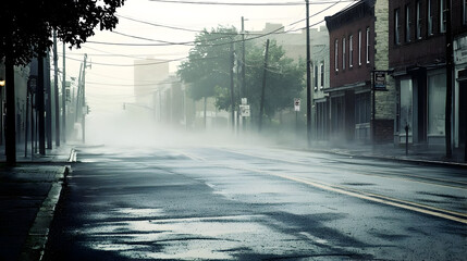 Foggy, deserted street lined with buildings. Wet asphalt reflects the misty morning light