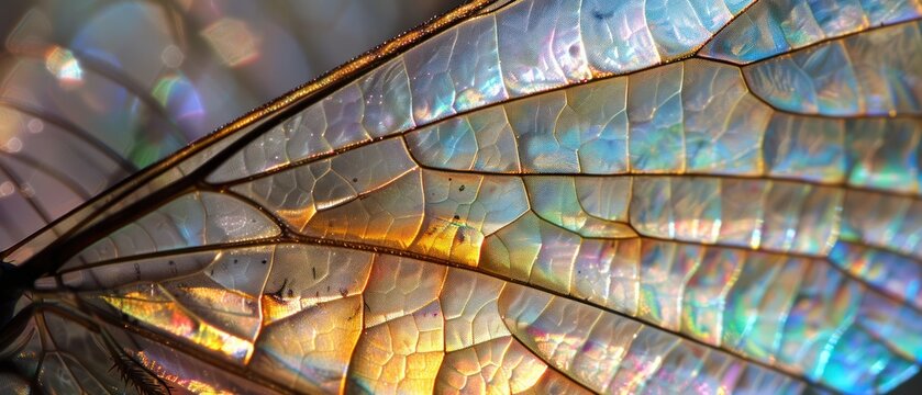 Insect butterfly dragonfly wing iridescent patterns glowing shine light reflection close up shot texture.