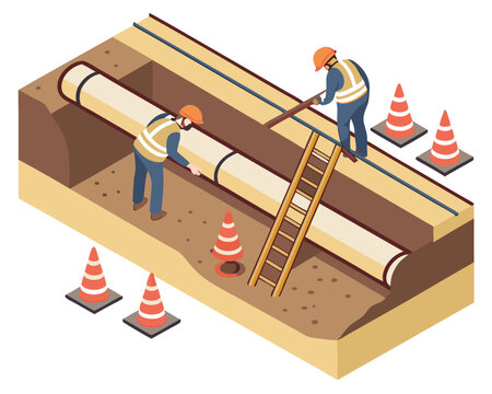 isometric workers installing pipeline in ground clip art preview