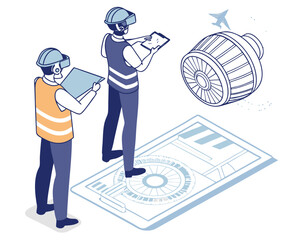 Isometric scene of engineers using VR to examine jet engine digital twin, enabling advanced diagnostics and predictive maintenance in industrial applications.