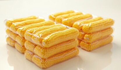 Fototapeta premium Close-up of fresh corn cobs in transparent vacuum packaging. Bright yellow kernels, clean layout, and light background highlight freshness, quality, and retail appeal