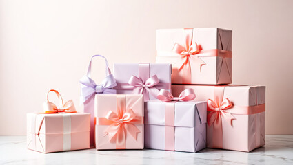 Stack of pink boxes with bows on them