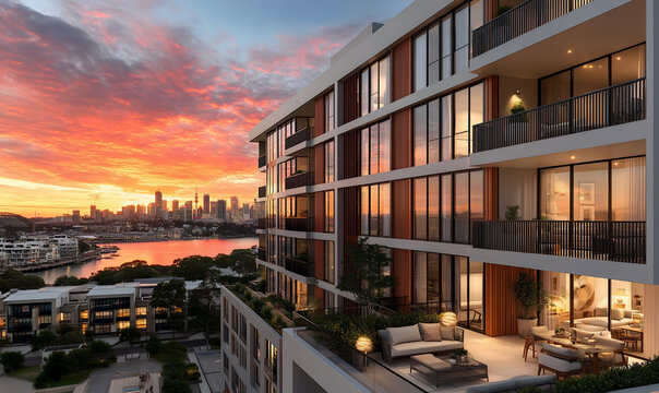 Luxury apartment balcony with panoramic city skyline at sunset