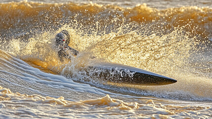 Surfer skillfully riding a majestic wave under clear blue skies on a sunlit day at the beach