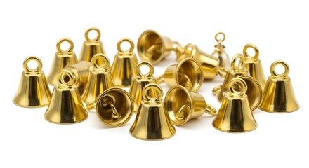 Shiny Gold Bells Scattered on White Background Holiday Decorations