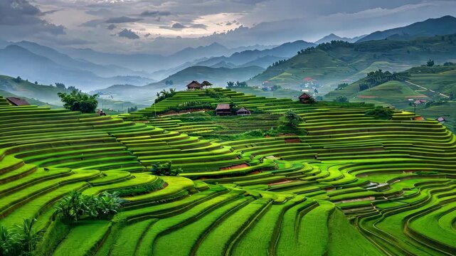 Explore the breathtaking beauty of lush terraced rice fields surrounded by mountains as dusk settles over the tranquil countryside