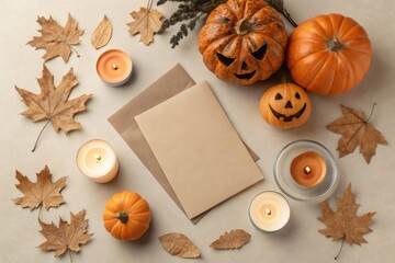 Blank greeting card with envelope surrounded by pumpkins, candles, and autumn leaves creates a cozy halloween atmosphere