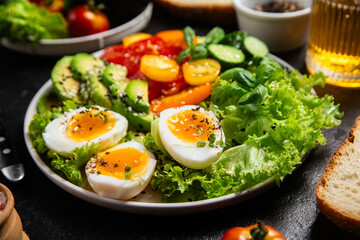 Healthy Salad Bowl with Avocado, Eggs, Tomatoes and Cucumbers,	