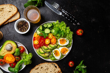 Healthy Salad Bowl with Avocado, Eggs, Tomatoes and Cucumbers,	