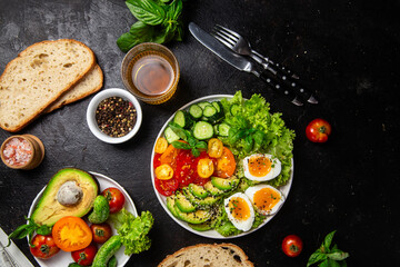 Healthy Salad Bowl with Avocado, Eggs, Tomatoes and Cucumbers,	