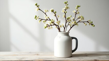 A simple arrangement of delicate white blossoms in a ceramic pitcher.