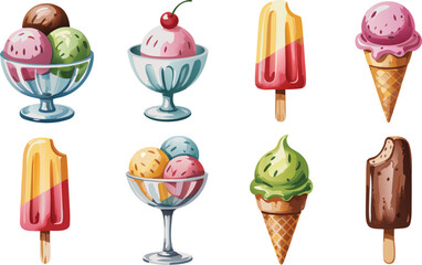 Assorted Ice Cream Desserts Bowls, Cones, and Popsicles with Various Flavors, Isolated on White