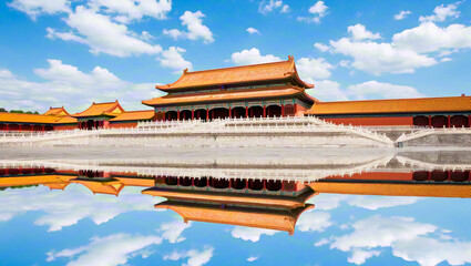 Obraz premium Ancient buildings of the Forbidden City Palace Museum in Beijing, China reflected in water