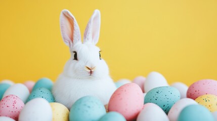 White rabbit surrounded by colorful eggs on a bright yellow background