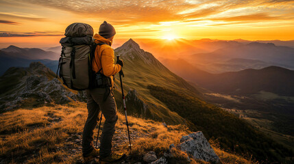 Determined person standing proudly on a mountain summit embracing the vast natural landscape below