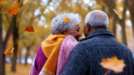 Older couple enjoying a peaceful stroll through an autumn park with golden leaves