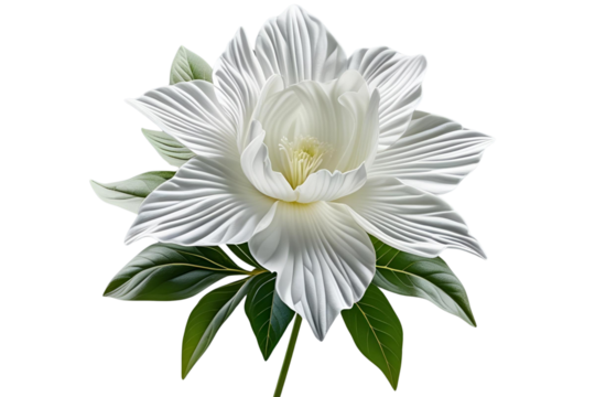 Single white magnolia flower with striated petals and leaves isolated png