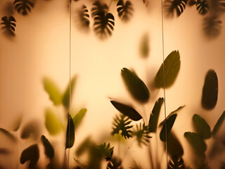 green leaves behind the blurred galass background under yellow light