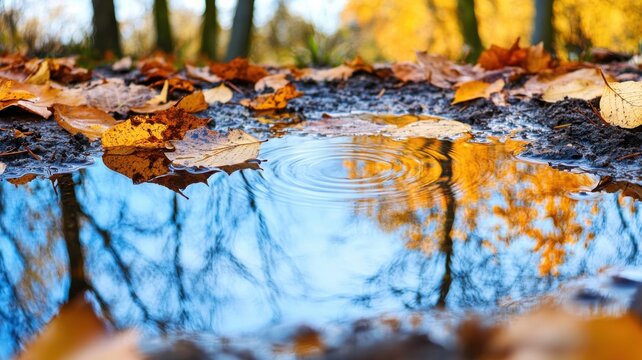 Reflective autumn puddle beneath forest trees shows golden leaves and bare branches mirrored in a still surface with floating leaves