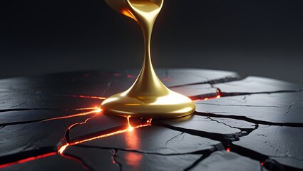 Golden Liquid Pouring onto Cracked Earth with Glowing Lava