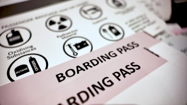 Detailed close-up of boarding pass and airport security guidelines for air travel.