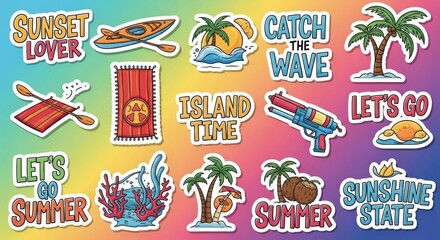 Vibrant summer themed sticker sheet evoking tropical vibes and recreational activities