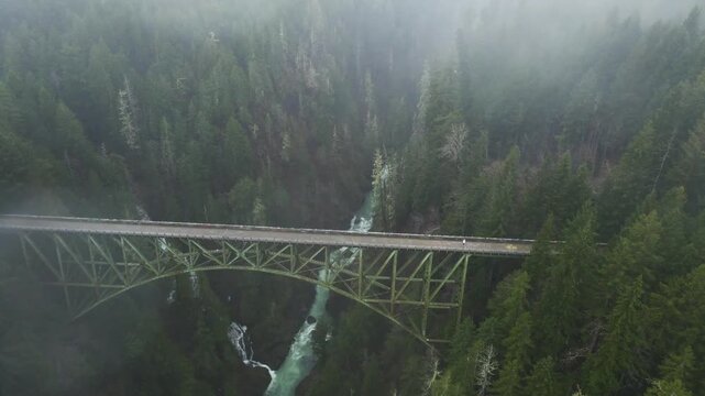 Soaring Above A Hidden Bridge In The Heart Of A Vast Forest Wilderness, Vance Creek Bridge on Foggy Weather