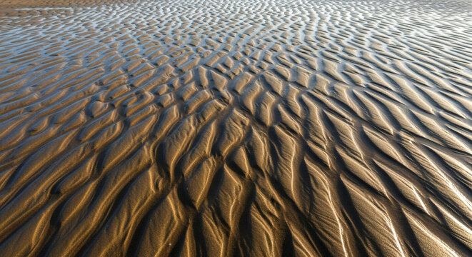 Abstract pattern of rippled, wet sand at low tide.