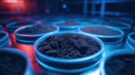 Close-up view of various colored powders in petri dishes under vibrant lighting in a lab setting