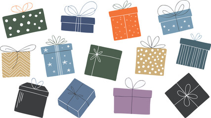 Colorful Illustrated Gift Boxes with Ribbons and Patterns on a White Background
